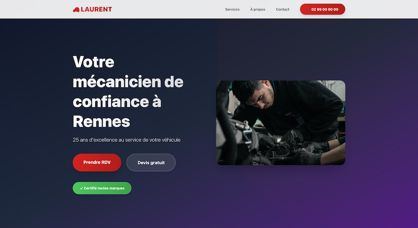 Section d'accueil du site garage