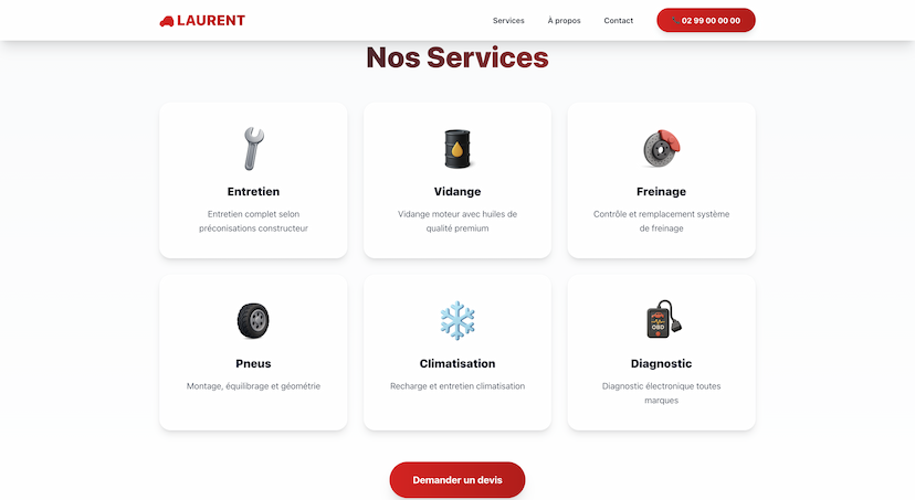 Section services du site garage